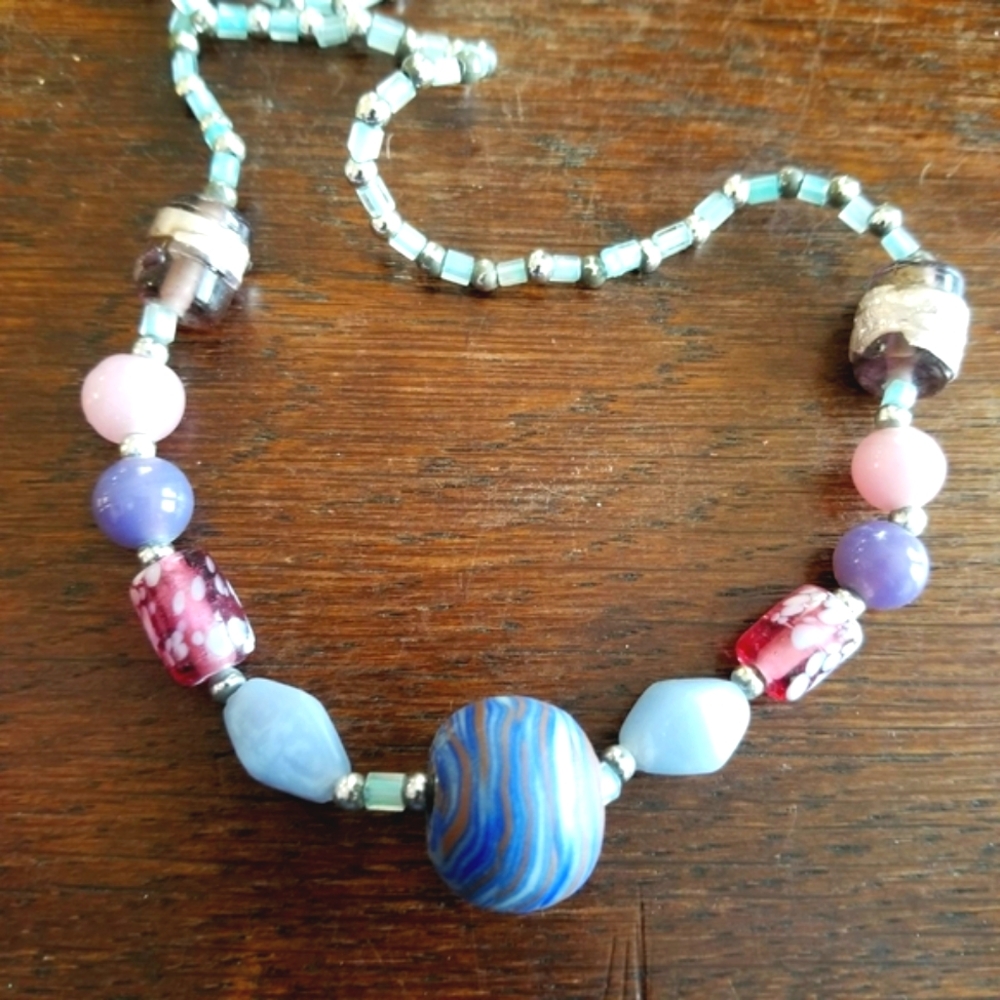 Handmade necklace Striped Bead Pink Grey Lavender